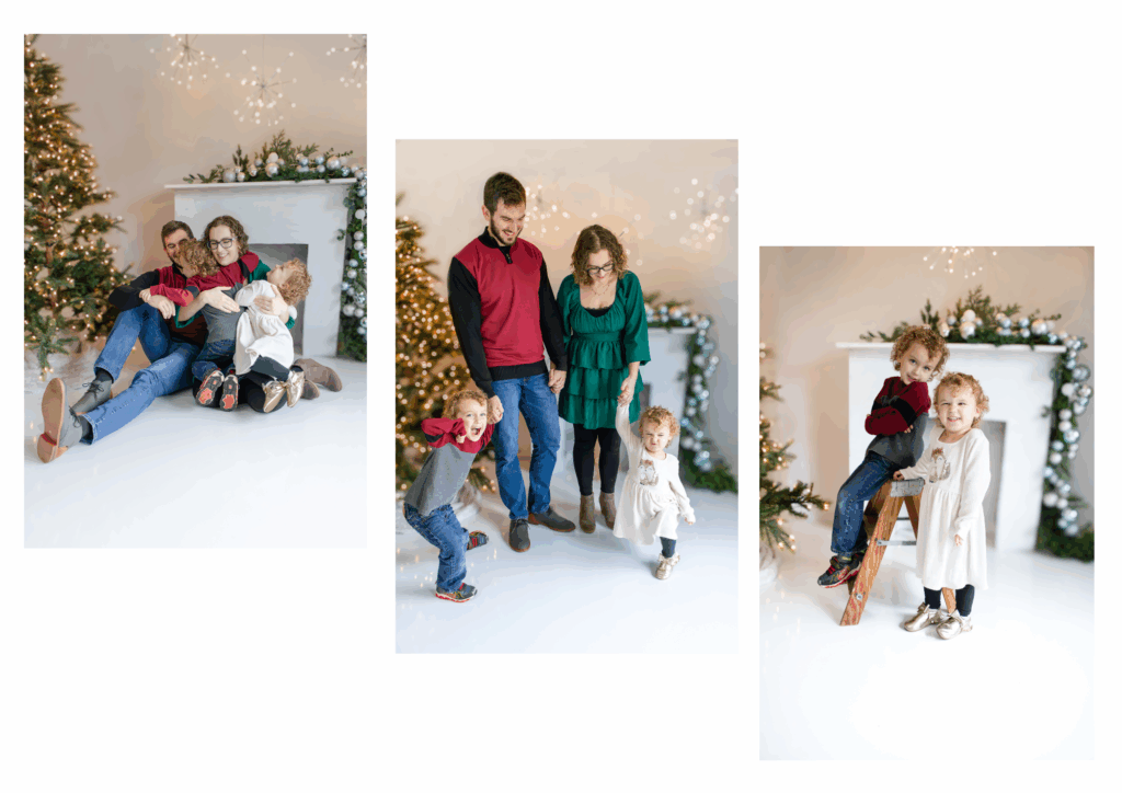 Family of four laughing together during Christmas minis in Roseburg Oregon with McKenzie Strong Photography.