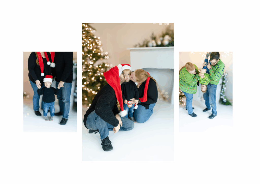Family wearing Santa hats during indoor Roseburg Christmas minis with McKenzie Strong Photography.