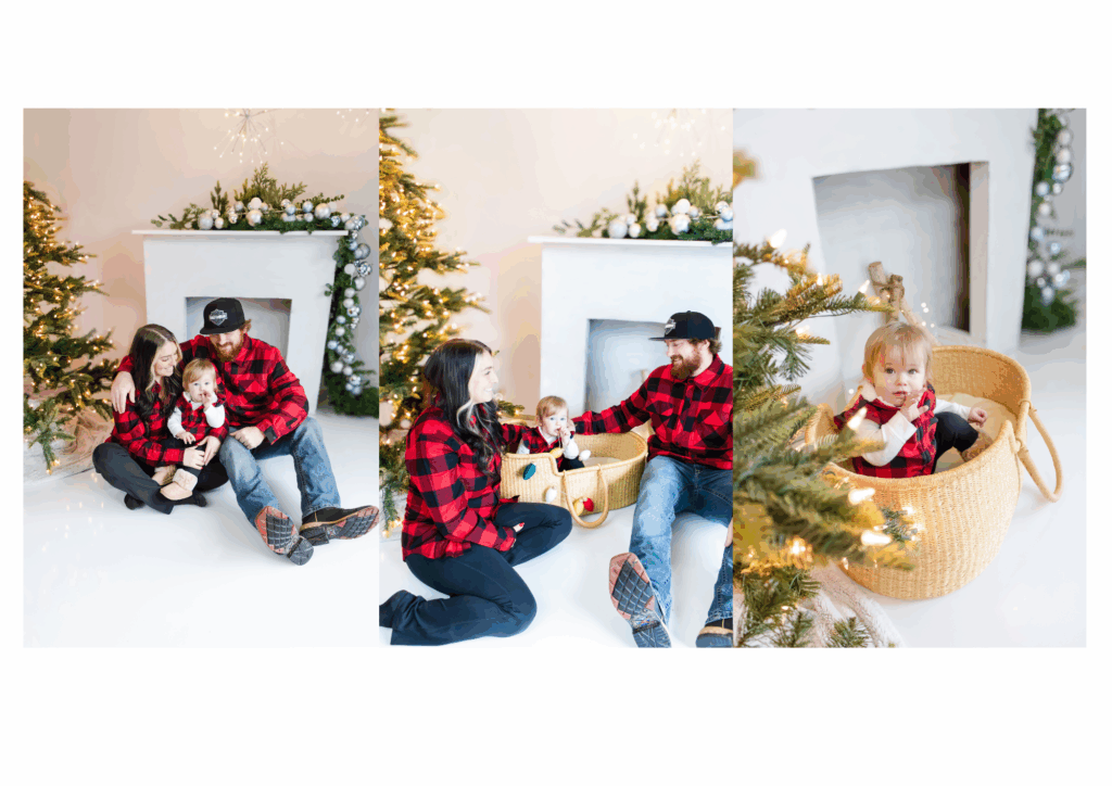 Family in matching red plaid outfits during Roseburg Christmas minis by the fireplace.
