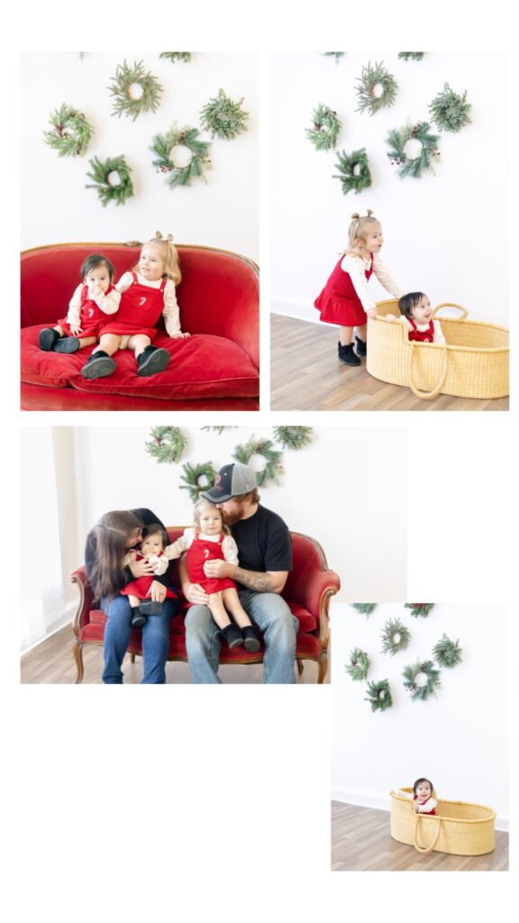 Family photographed during a Roseburg Oregon Christmas mini session with two young children, showing playful and posed moments in a bright studio with holiday wreaths
