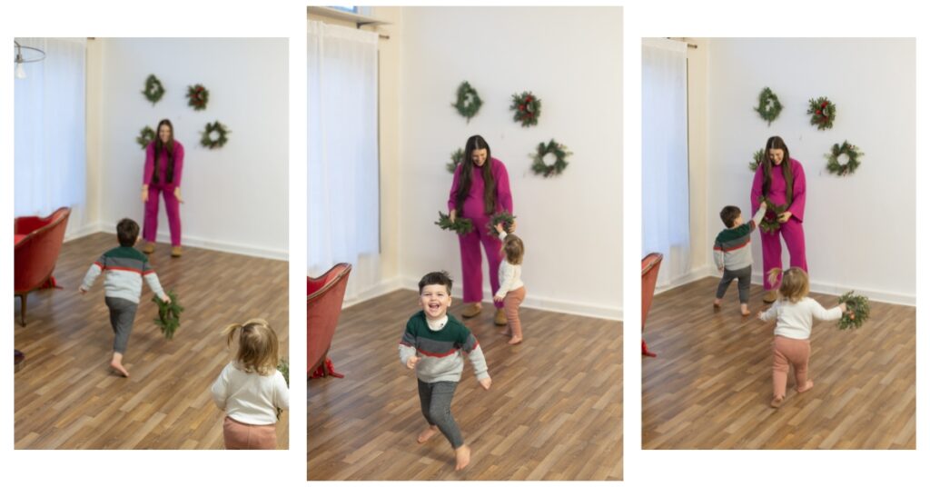 Behind-the-scenes collage from a Roseburg Oregon Christmas mini session showing McKenzie Strong of McKenzie Strong photo and her young children playing together in a bright studio with holiday wreaths setting up for 2025 Christmas minis in Roseburg Oregon studio.