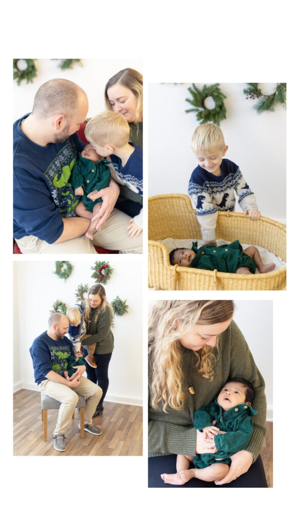 Family and newborn photographed during a Roseburg Oregon Christmas mini session, showing parents and sibling interacting with baby in a bright studio with holiday wreaths