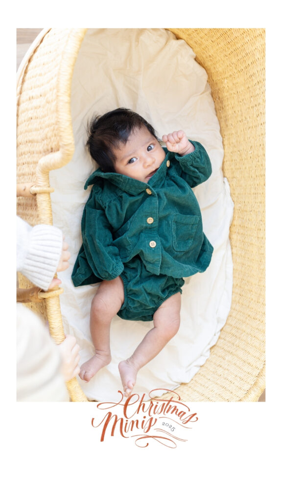 Baby photographed during a Roseburg Oregon Christmas mini session, lying in a wicker bassinet wearing a green outfit in a bright studio