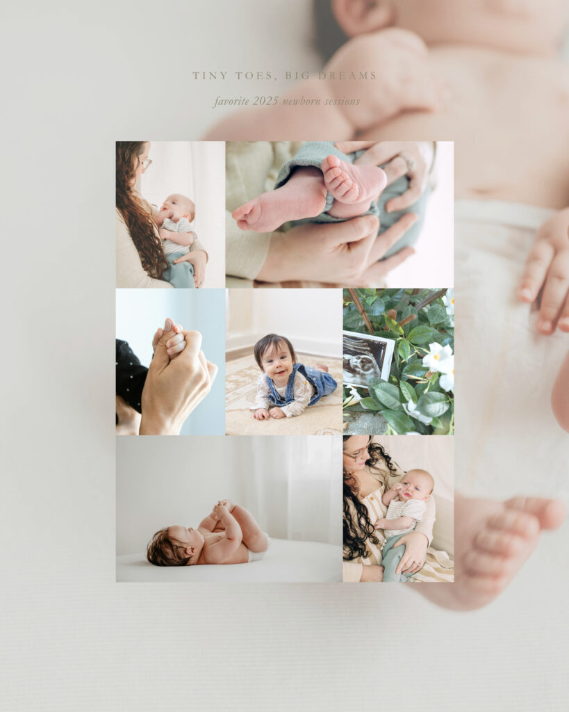 Roseburg Oregon newborn photography collage featuring in-home and studio newborn sessions with timeless neutral styling
